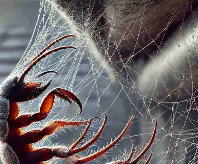 Claws caught in a spider's web, delicately hanging between tree branches in a mysterious forest setting.