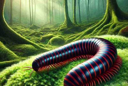 A multi-legged forest creature wandering curiously along the forest floor, its movements slow and deliberate.