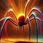 A close-up image of a large, terrifying spider species clinging to a tree branch in a dense forest.